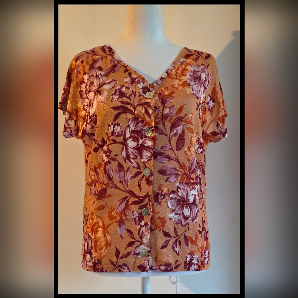 Rachel Zoe Short Sleeve Blouse Size Small Burnt Orange Floral Print